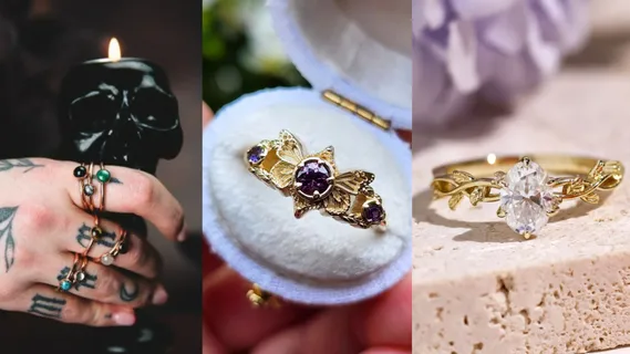 3 different styles of wedding rings, 1 is a dark photo with a skull shaped candles and the hand is wearing multiple rings with different coloured stones, 1 is a gold ring with a purple stone and is shaped like a butterfly, 1 is a gold ring in a vine and leaf design with a clear gem