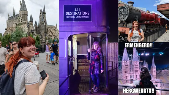 4 photos of Rachel at Hogwarts. 1 in front of Hogwarts in Orlando Florida, 1 on the Knight Bus at the Warner Bros Studio in Leavesden, 1 with the Hogwarts Express in Orlando Florida and 1 in front of the Hogwarts model at Leavesden with the words ‘ERMEHGERD!! HERGWERRTS!!'