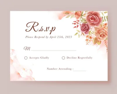 A RSVP card showing options to accept or decline. There is some floral decoration in the top right.