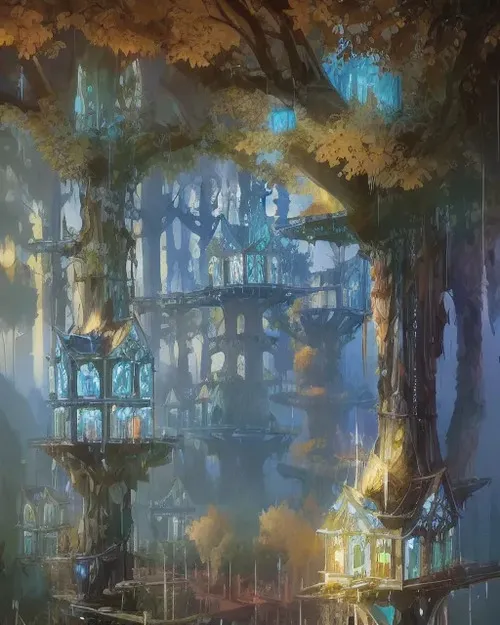 A forest of trees that have houses in, depicting Lothlorien
