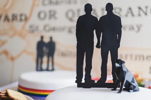A wedding cake with figurines of the couple and their guide dog
