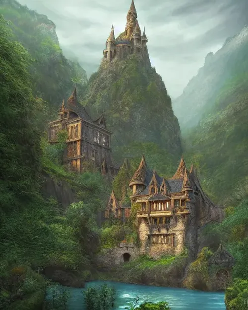 A castle like structure stands on top a mountain with similar structures repeating down the valley, depicting Rivendell