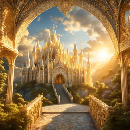 A majestic hall in the sun, depicting Valinor